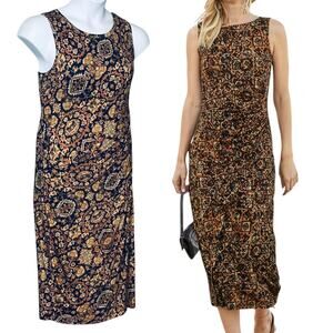 Peruvian Connection Sleeveless Midi Dress Chavin Ruched Aztec Sheath Size Medium